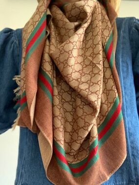 Designer-Inspired Beige & Brown Monogram Scarf with Red and Green Stripe